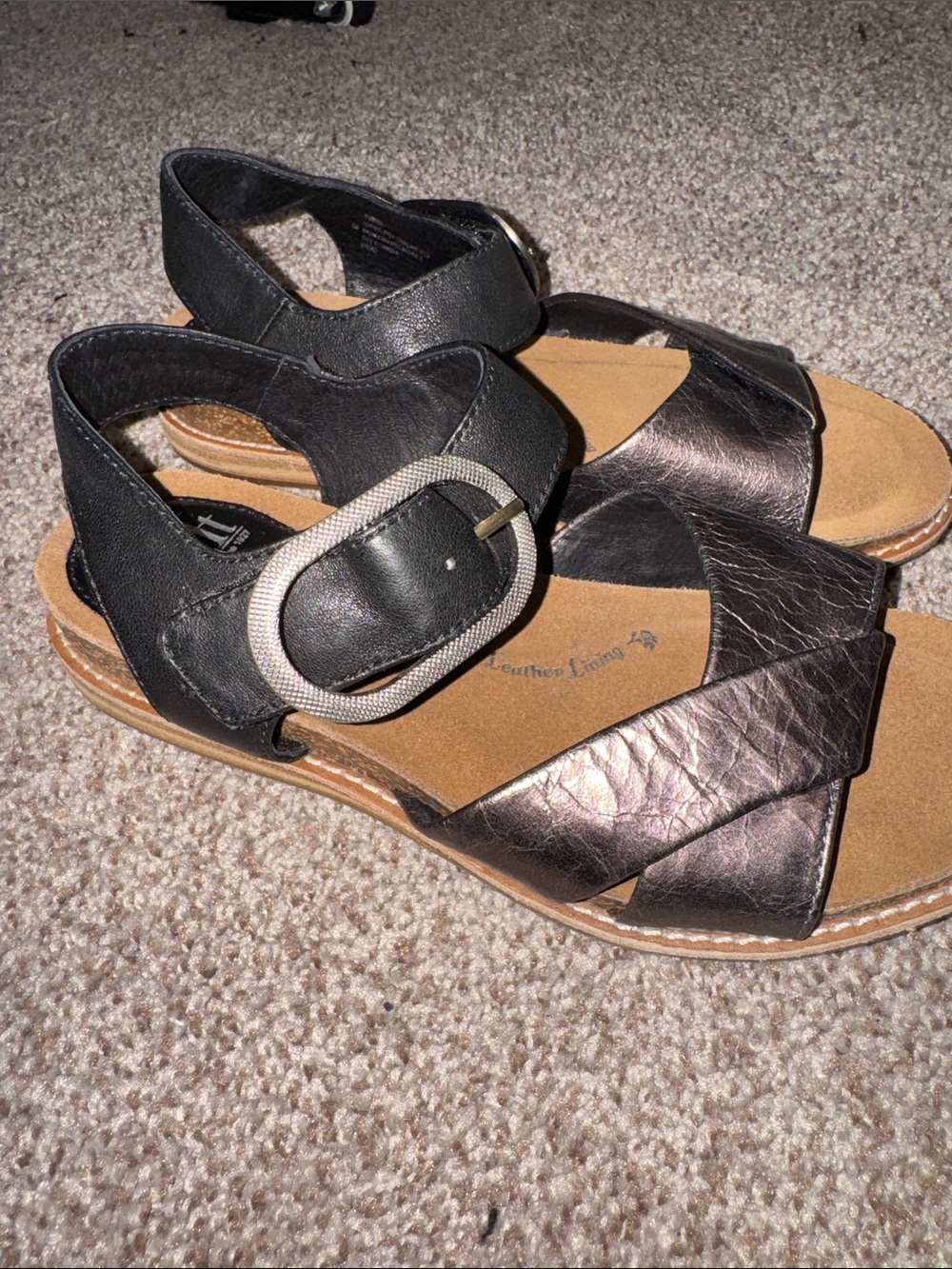 Sofft Two-Tone Metallic Bronze and Black Buckle Sandals